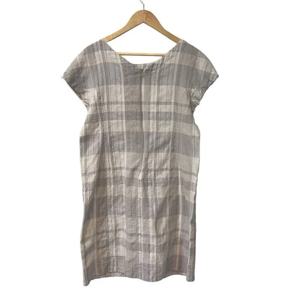 Eileen Fisher Size Small Airy Organic Linen Cotton Gray Plaid Shift Dress Pocket